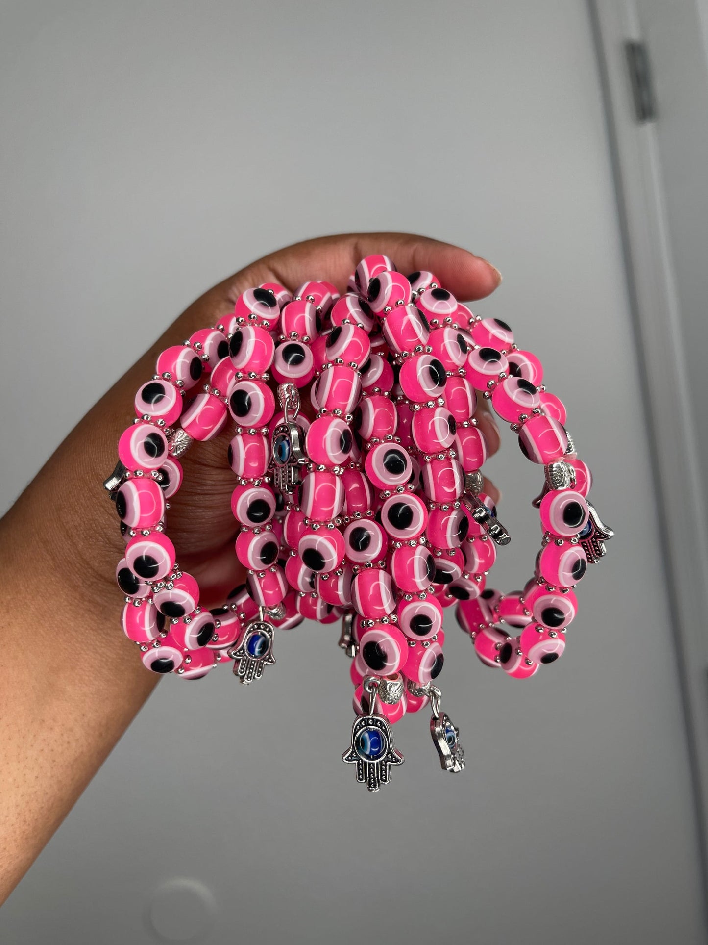 Hot pink evil eye beaded bracelet