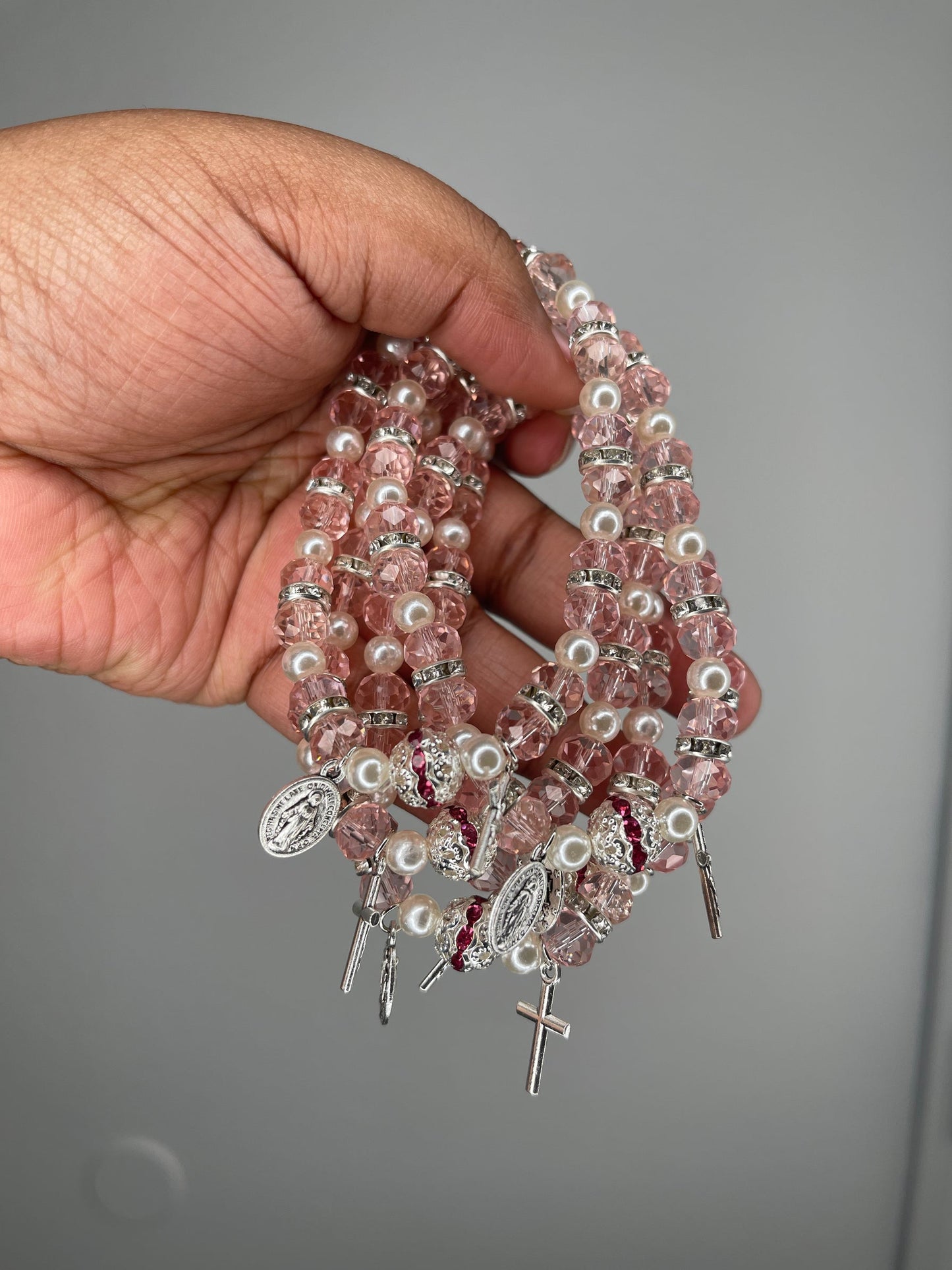 Pink cross (wide) beaded bracelet